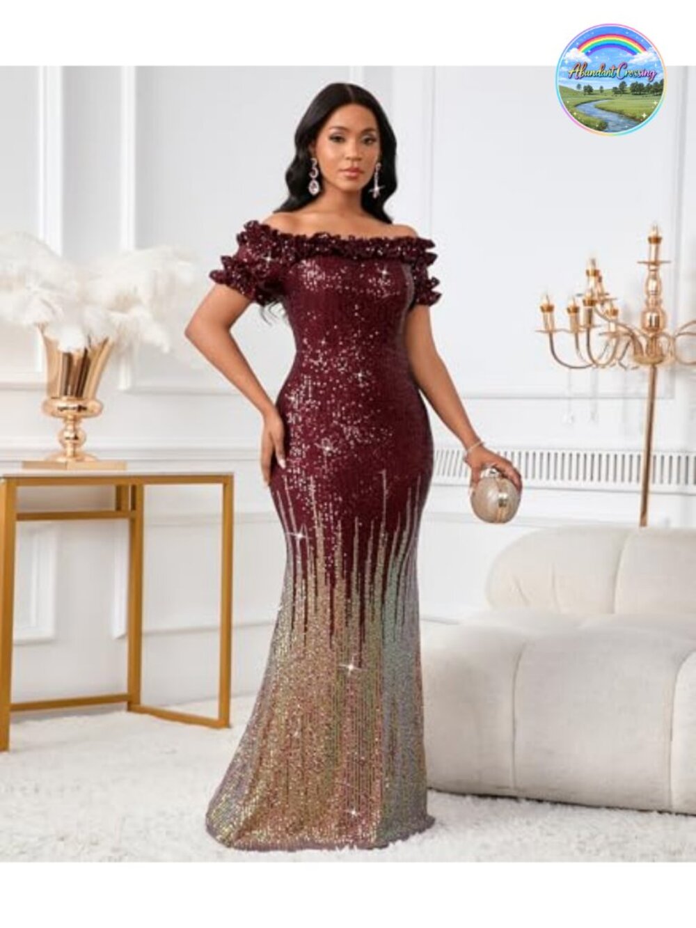 Sequin Off Shoulder Ruffle Sleeve Bodycon Mermaid Maxi Dress Formal Evening Gown